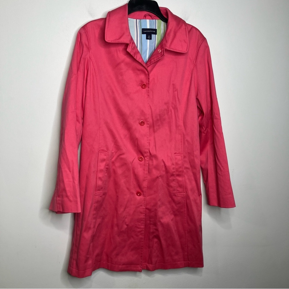 Lands’ End coral salmon mid length trench coat women’s size medium (10-12)